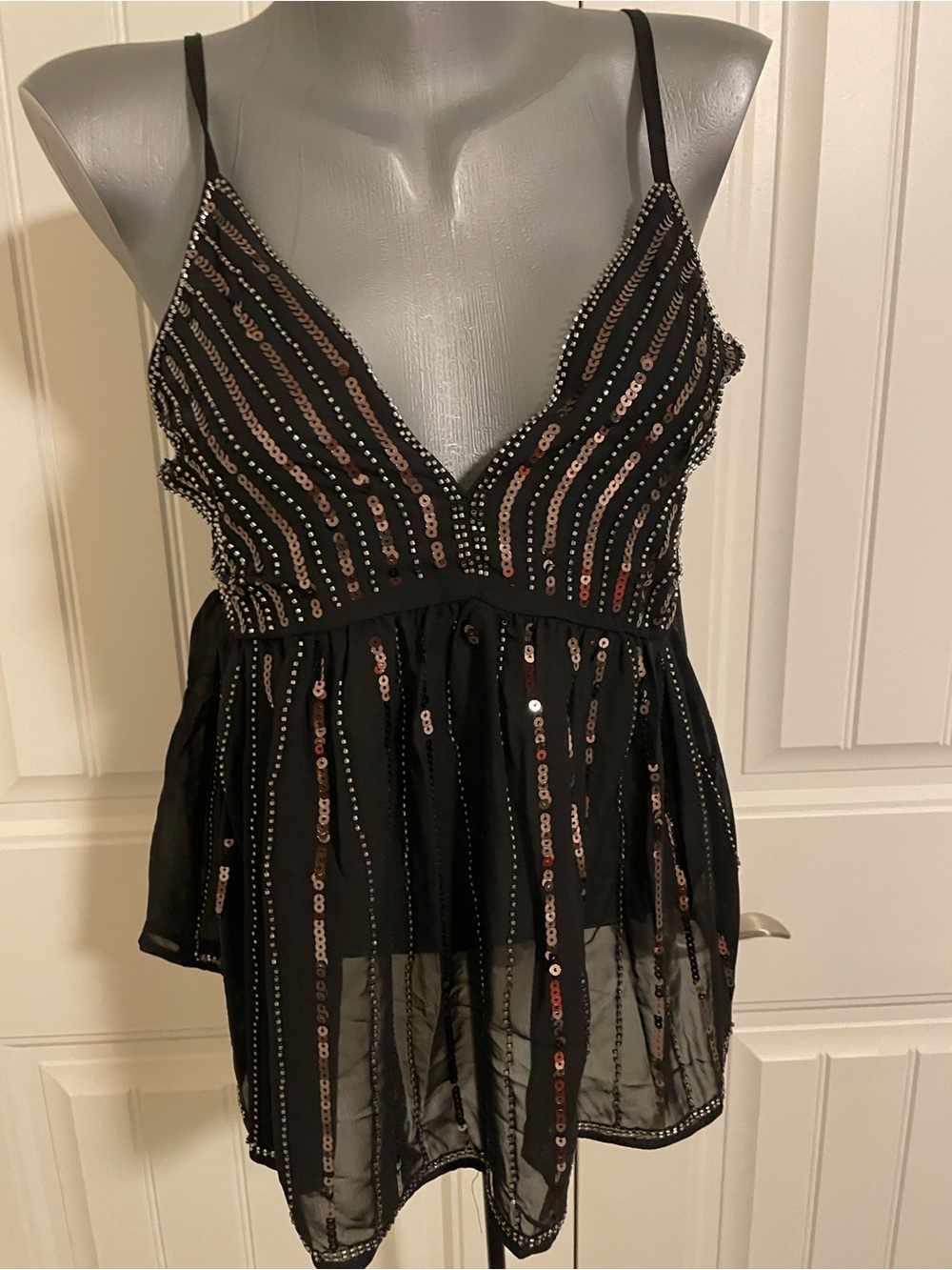 Black Sequin V-Neck Spaghetti Strap Peplum Camisole